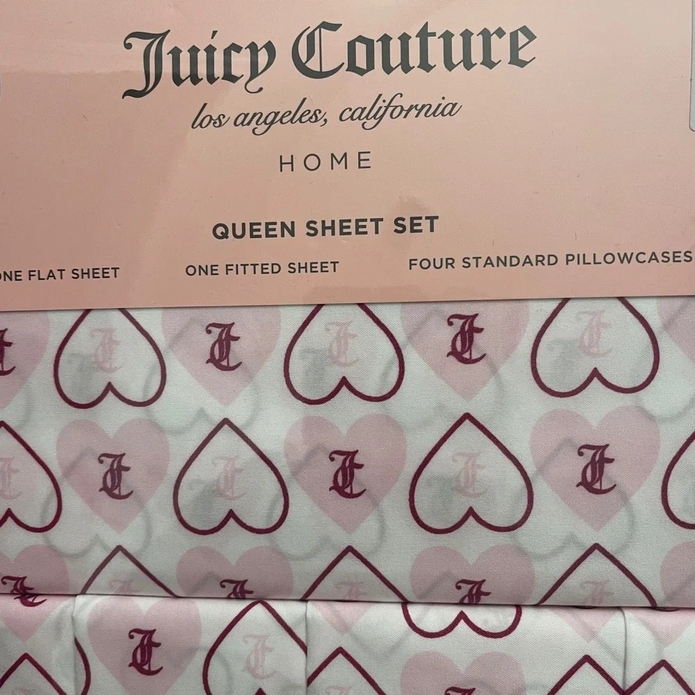 Juicy Couture Queen‎ Sheet Set Heart Print Flat Fitted Pillowcases NEW